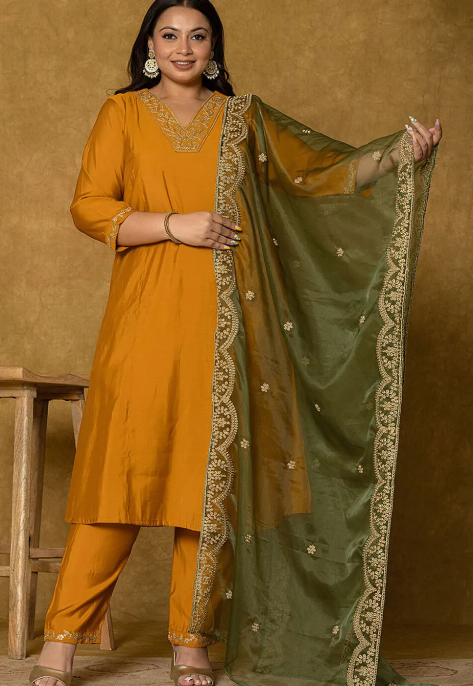 Embroidered Art Silk Aline Suit in Mustard
