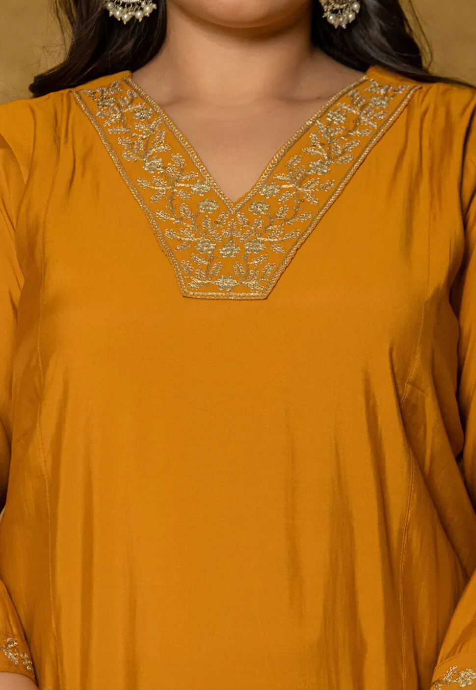 Embroidered Art Silk Aline Suit in Mustard