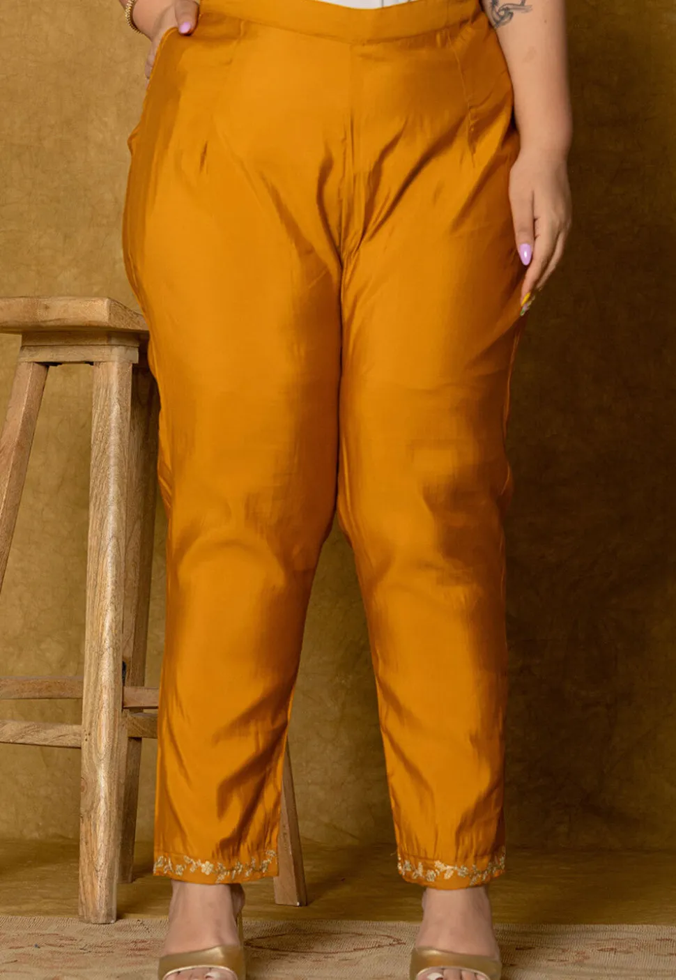 Embroidered Art Silk Aline Suit in Mustard
