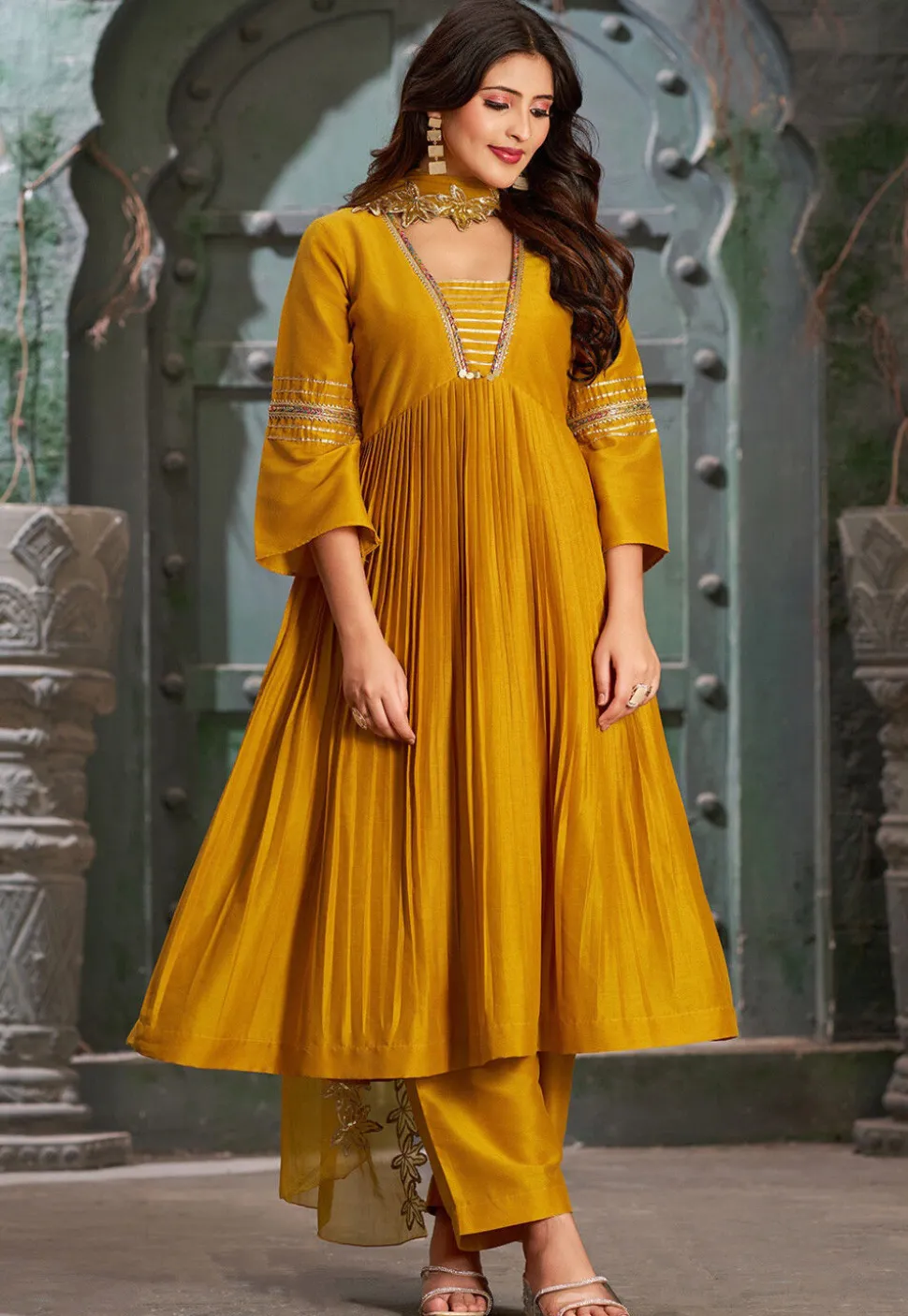 Embroidered Art Silk Aline Suit in Mustard