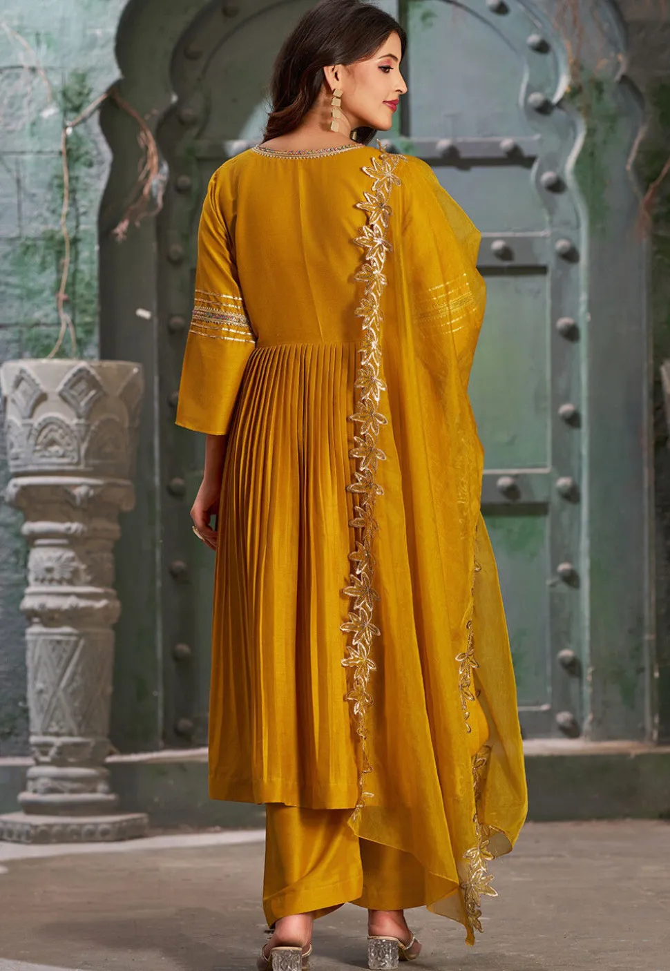 Embroidered Art Silk Aline Suit in Mustard