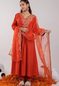 Embroidered Art Silk Aline Suit in Dark Orange