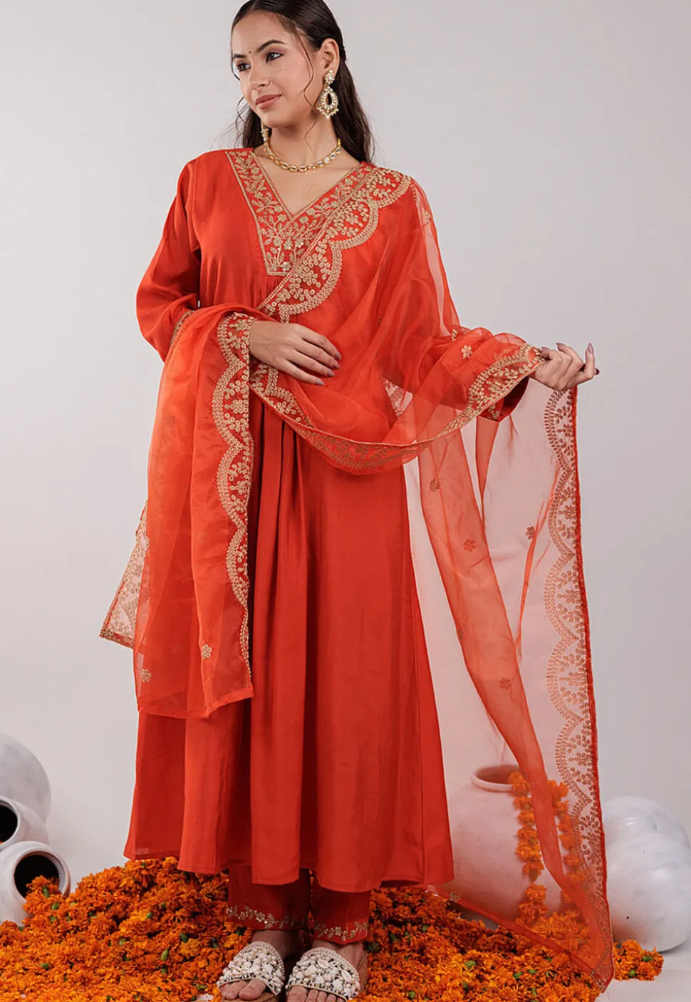 Embroidered Art Silk Aline Suit in Dark Orange
