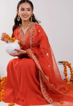 Embroidered Art Silk Aline Suit in Dark Orange