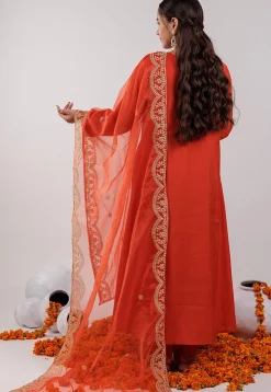 Embroidered Art Silk Aline Suit in Dark Orange