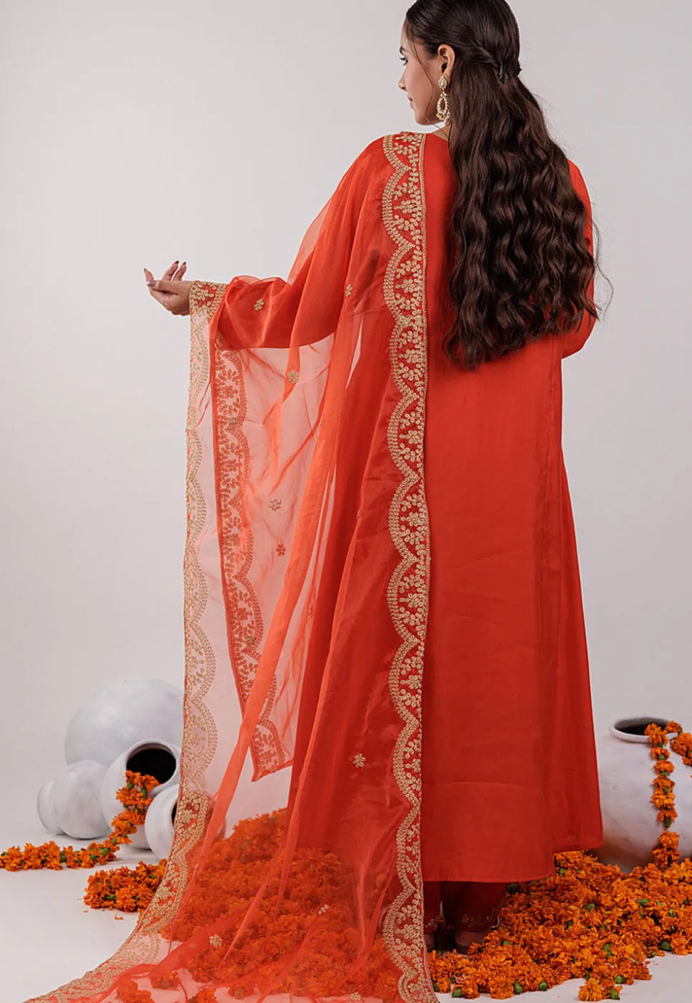 Embroidered Art Silk Aline Suit in Dark Orange