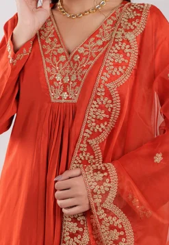 Embroidered Art Silk Aline Suit in Dark Orange