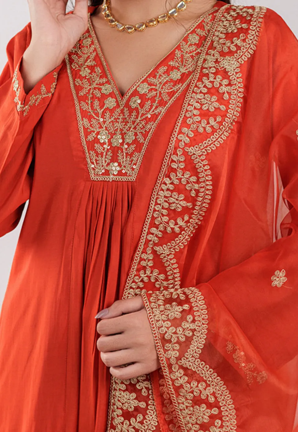 Embroidered Art Silk Aline Suit in Dark Orange