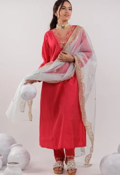 Embroidered Art Silk Aline Suit in Fuchsia
