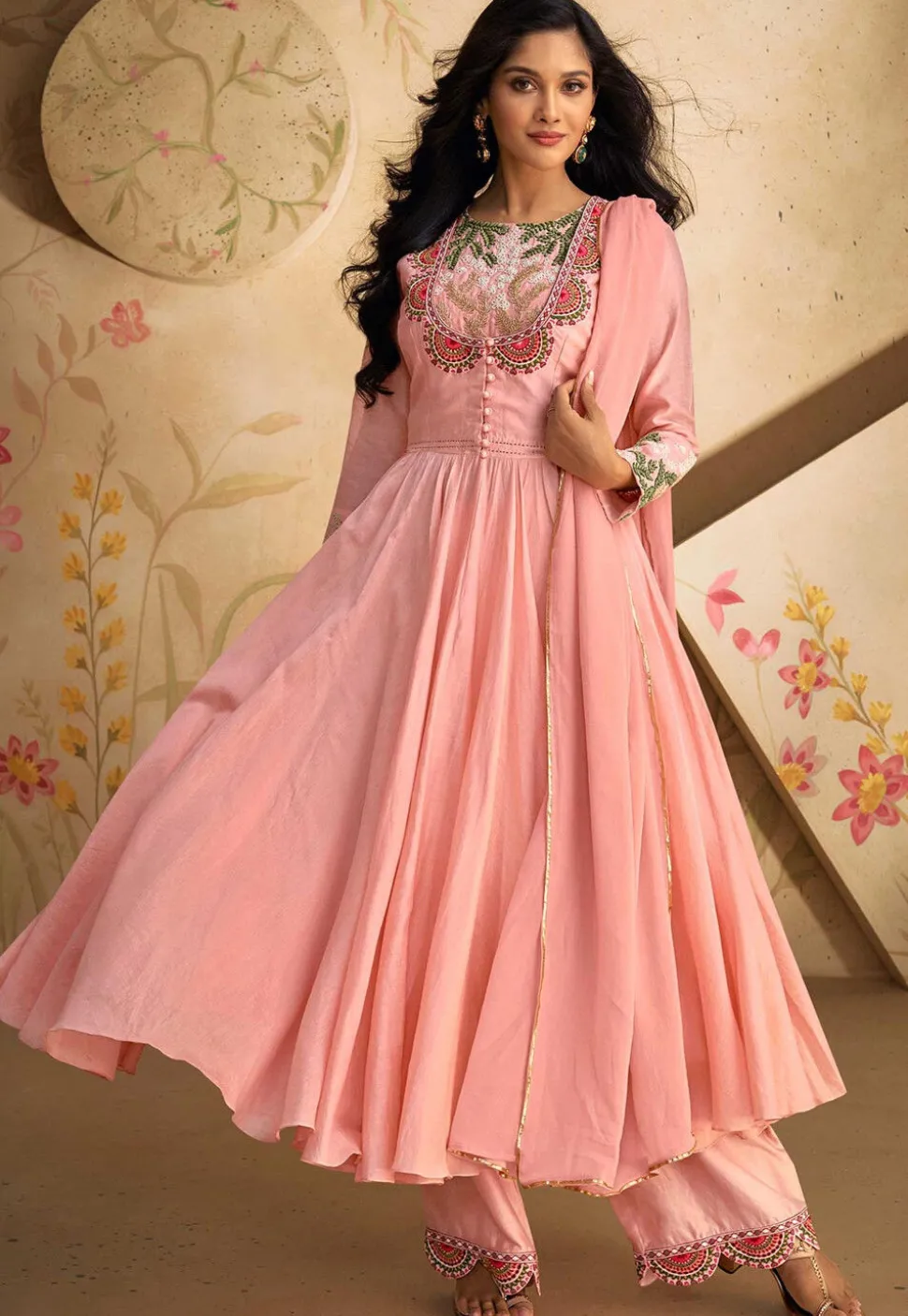 Embroidered Art Silk Aline Suit in Pink