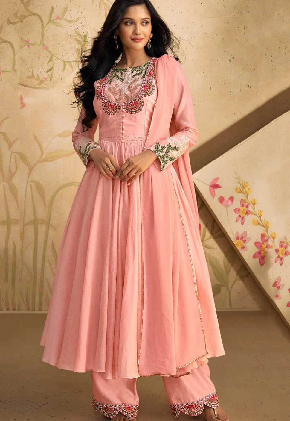 Embroidered Art Silk Aline Suit in Pink
