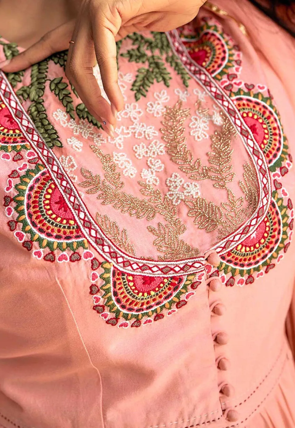 Embroidered Art Silk Aline Suit in Pink