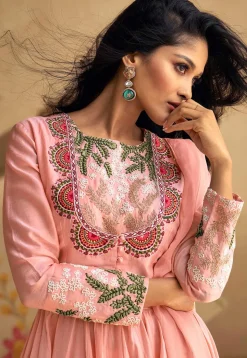 Embroidered Art Silk Aline Suit in Pink