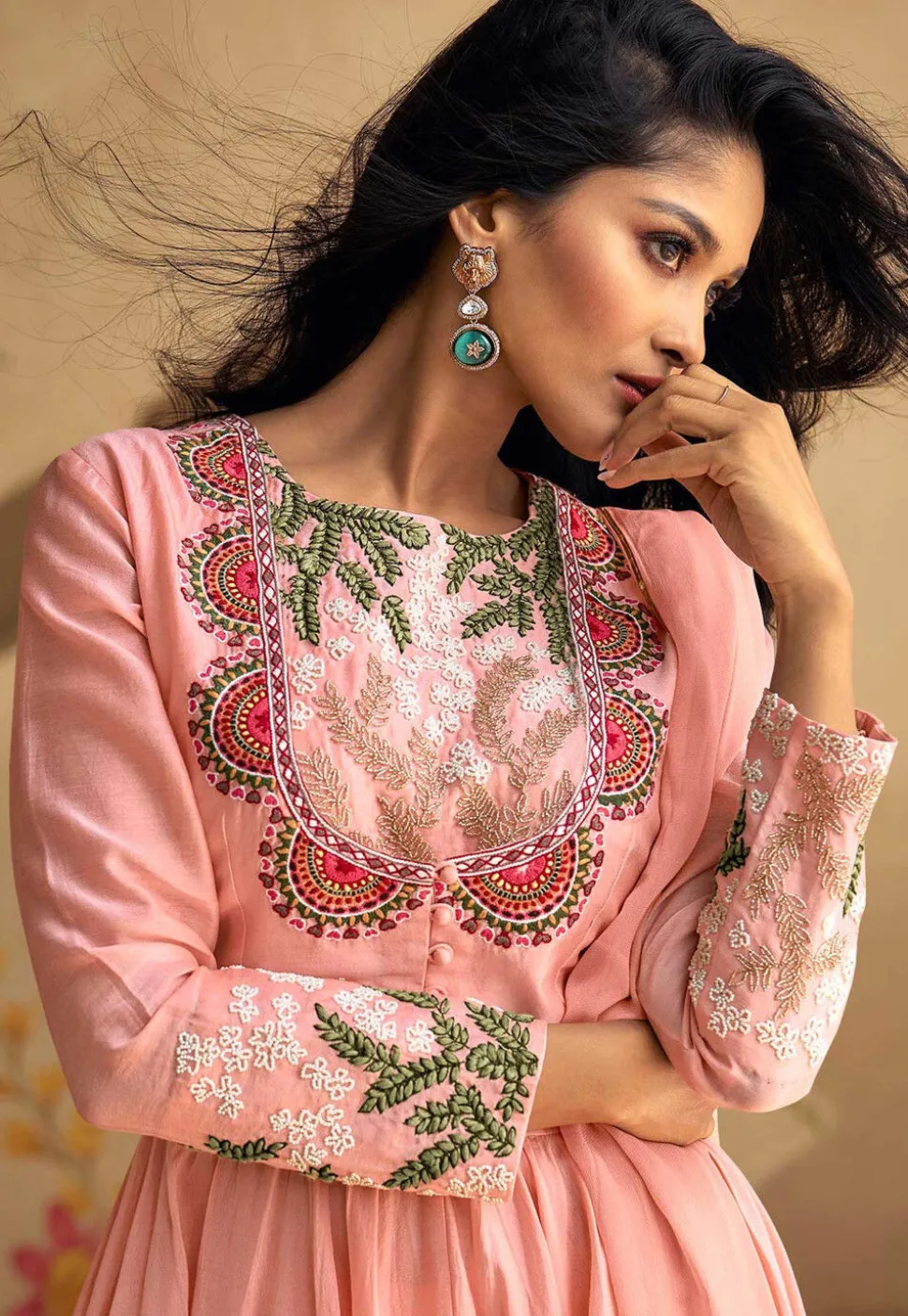Embroidered Art Silk Aline Suit in Pink