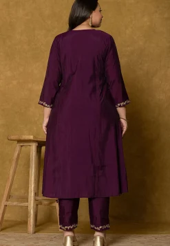 Embroidered Art Silk Aline Suit in Violet
