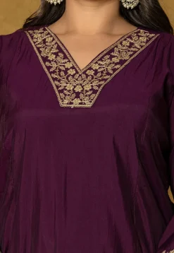 Embroidered Art Silk Aline Suit in Violet