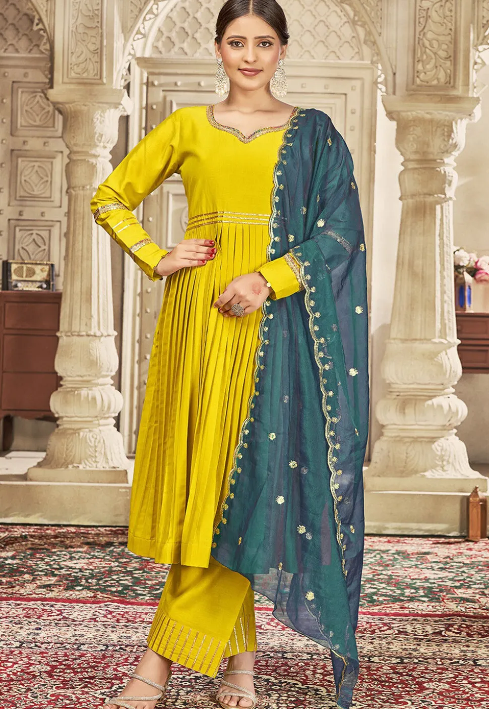 Embroidered Art Silk Aline Suit in Green