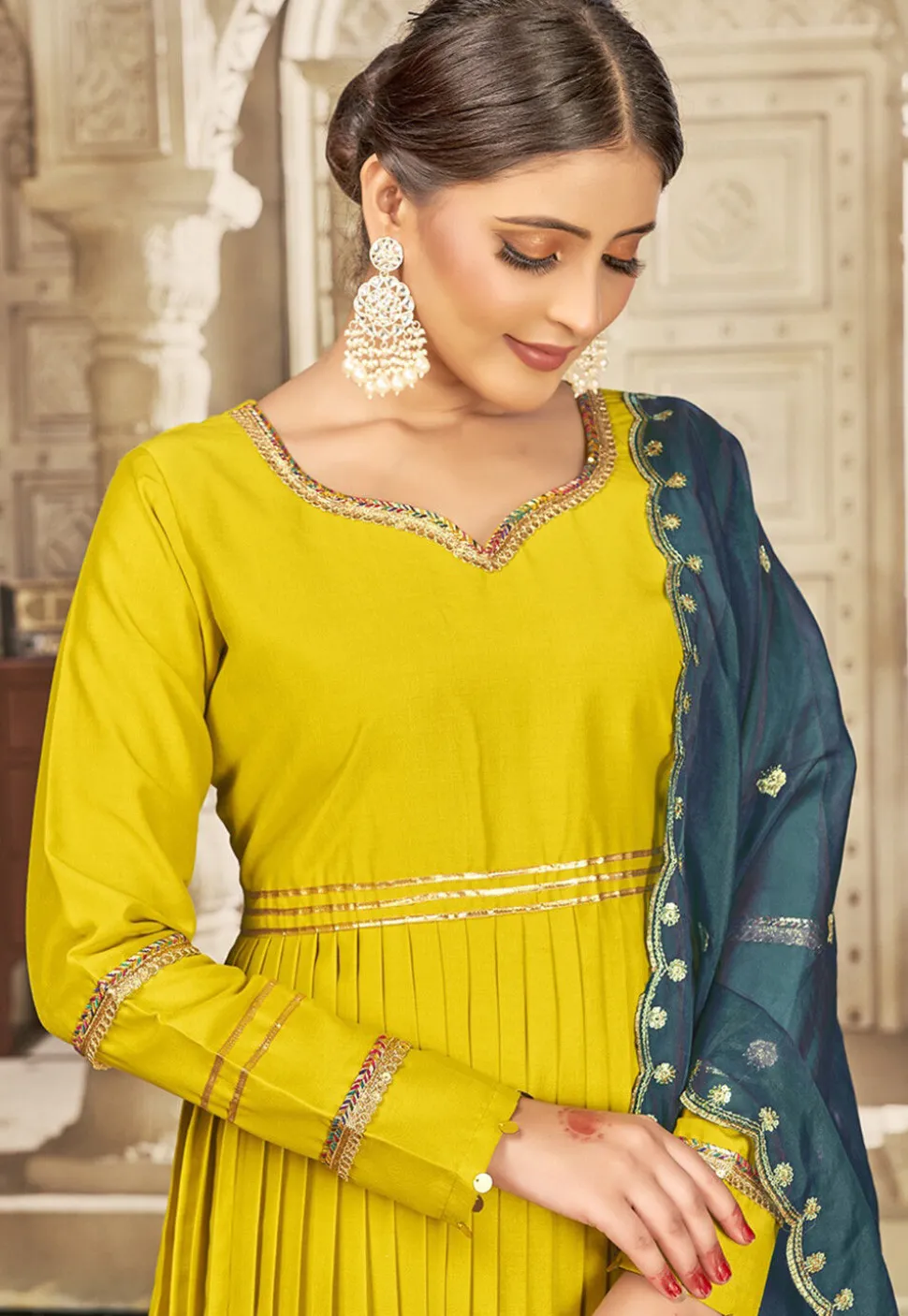Embroidered Art Silk Aline Suit in Green