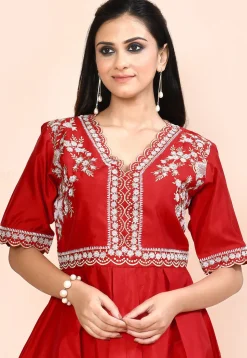 Embroidered Art Silk Aline Kurta Set in Red