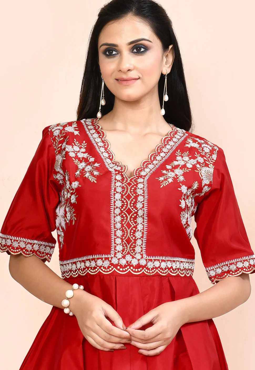 Embroidered Art Silk Aline Kurta Set in Red