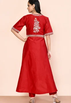 Embroidered Art Silk Aline Kurta Set in Red