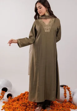 Embroidered Art Silk Aline Suit in Dark Olive Green