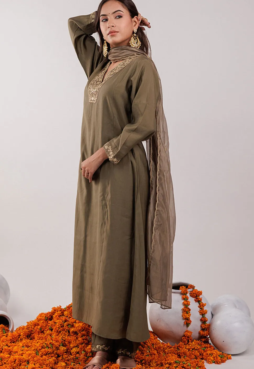 Embroidered Art Silk Aline Suit in Dark Olive Green