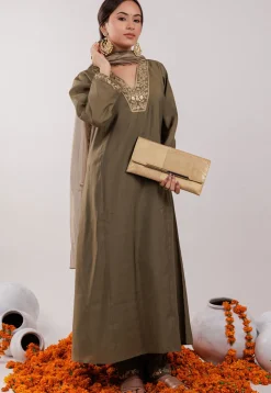 Embroidered Art Silk Aline Suit in Dark Olive Green
