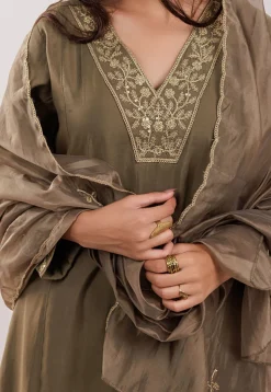 Embroidered Art Silk Aline Suit in Dark Olive Green