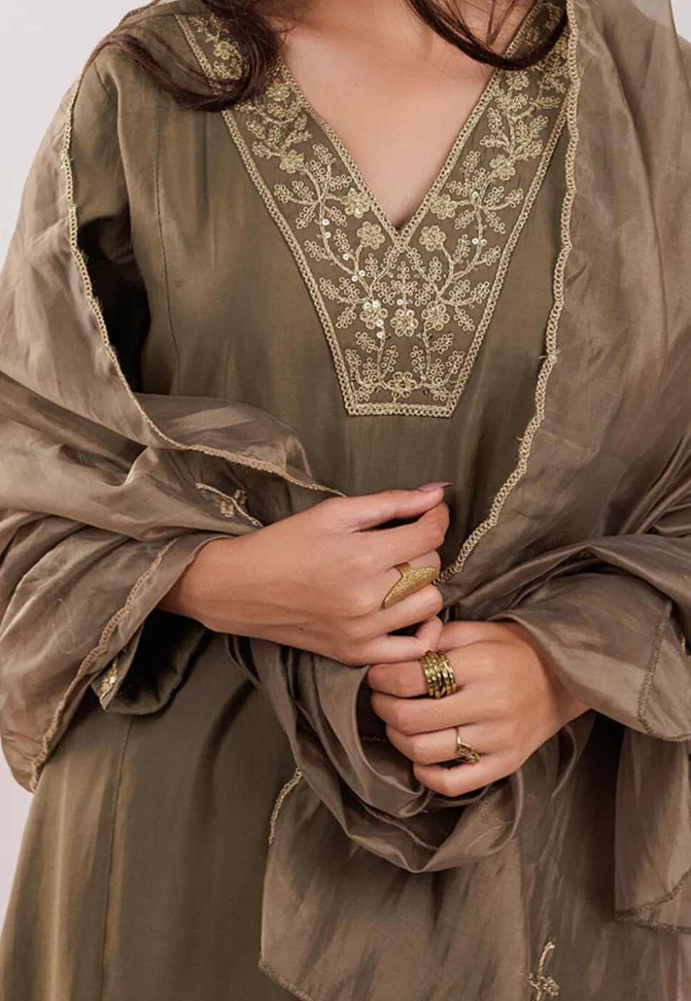 Embroidered Art Silk Aline Suit in Dark Olive Green