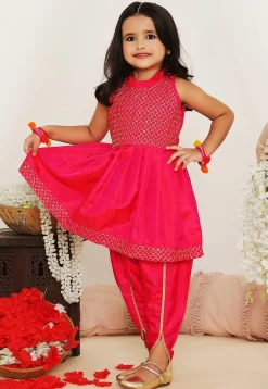 Embroidered Art Silk Aline Kurta Set in Fuchsia