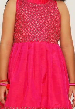 Embroidered Art Silk Aline Kurta Set in Fuchsia