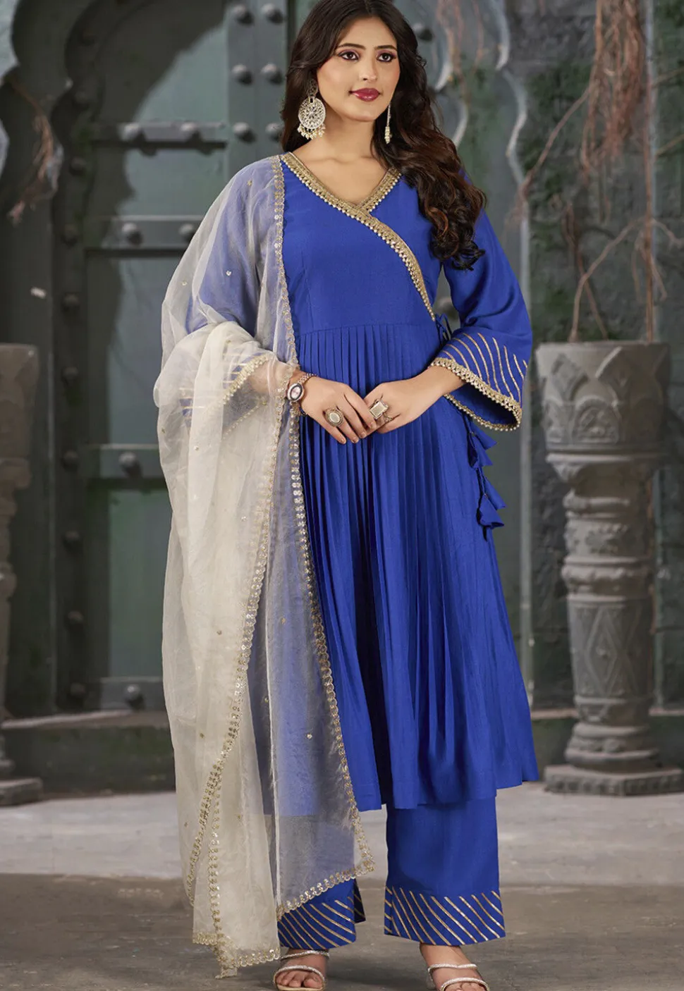 Embroidered Art Silk Aline Suit in Navy Blue