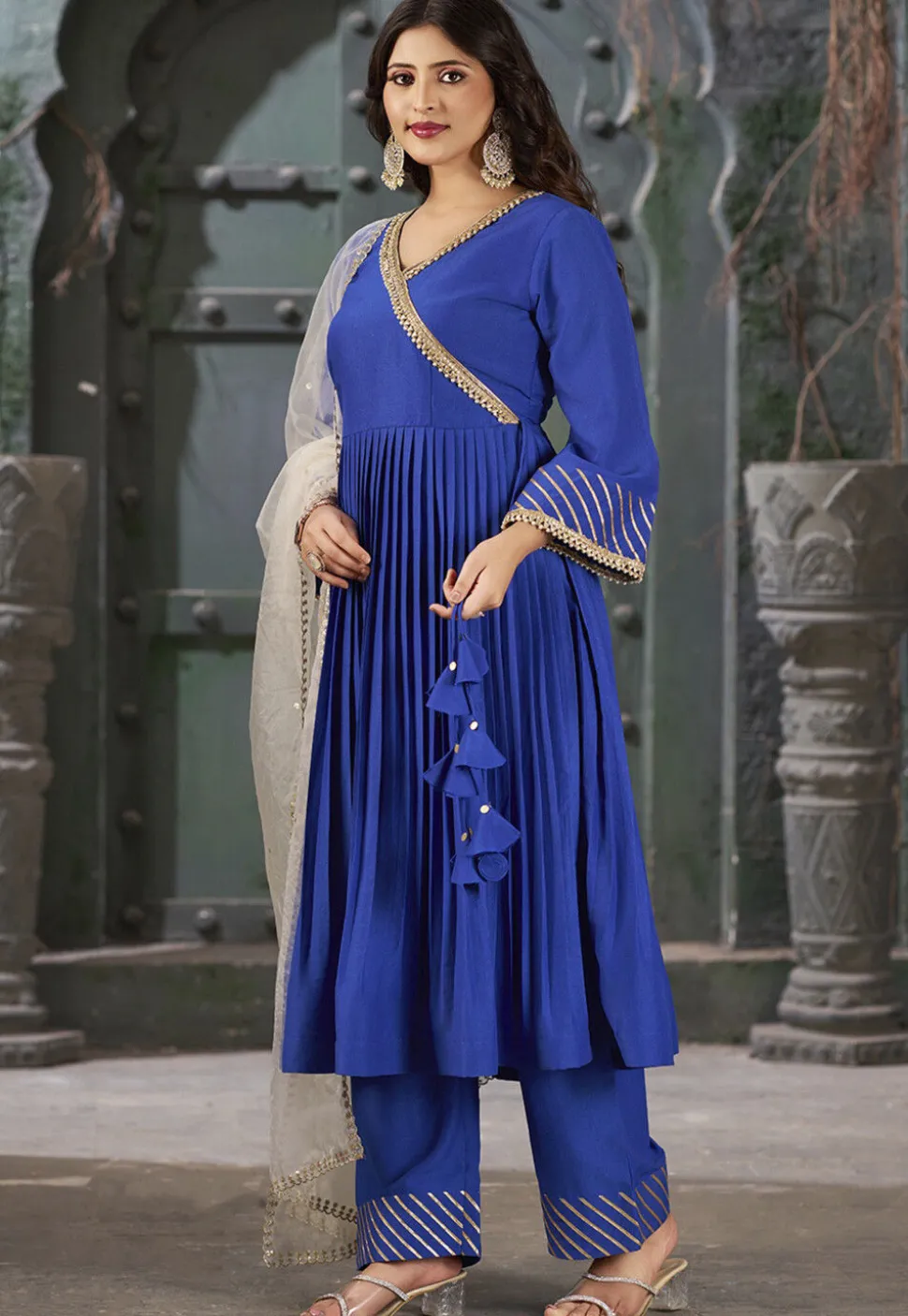 Embroidered Art Silk Aline Suit in Navy Blue
