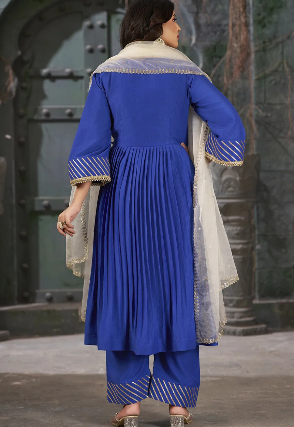 Embroidered Art Silk Aline Suit in Navy Blue