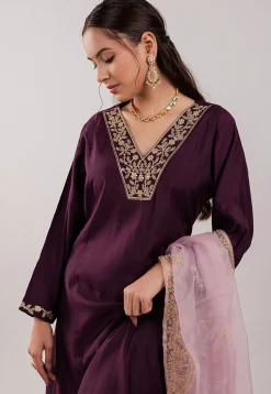 Embroidered Art Silk Aline Suit in Violet