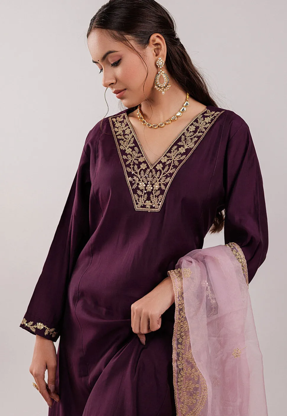 Embroidered Art Silk Aline Suit in Violet