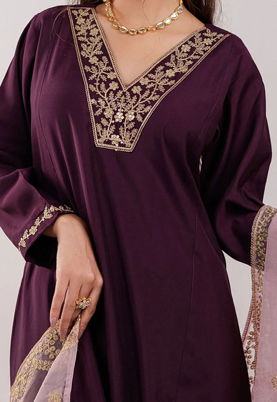 Embroidered Art Silk Aline Suit in Violet