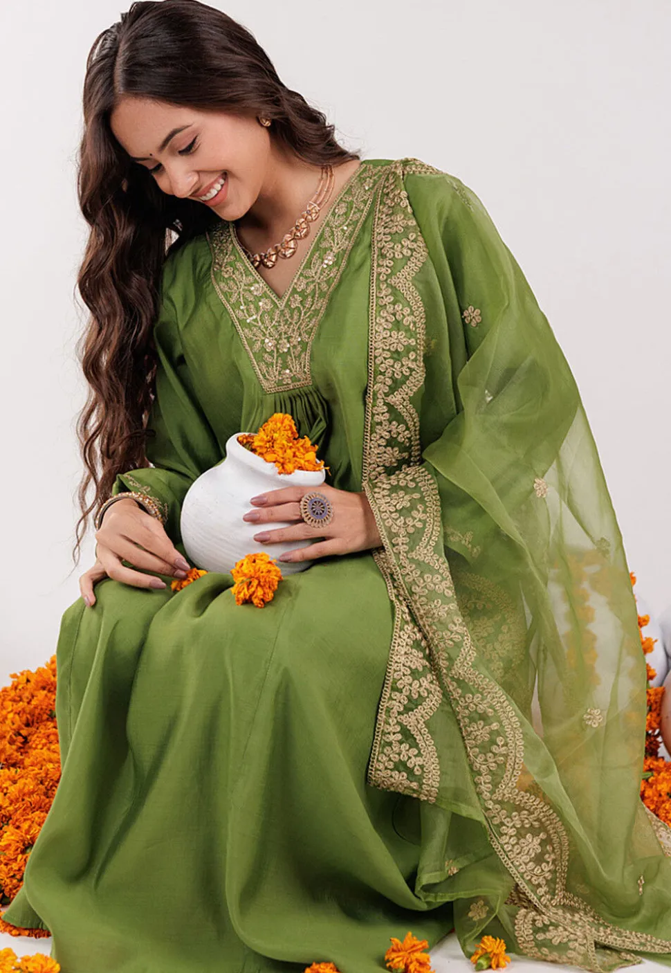 Embroidered Art Silk Aline Suit in Green