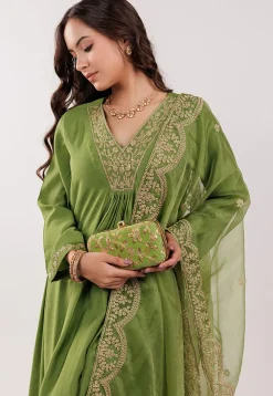 Embroidered Art Silk Aline Suit in Green