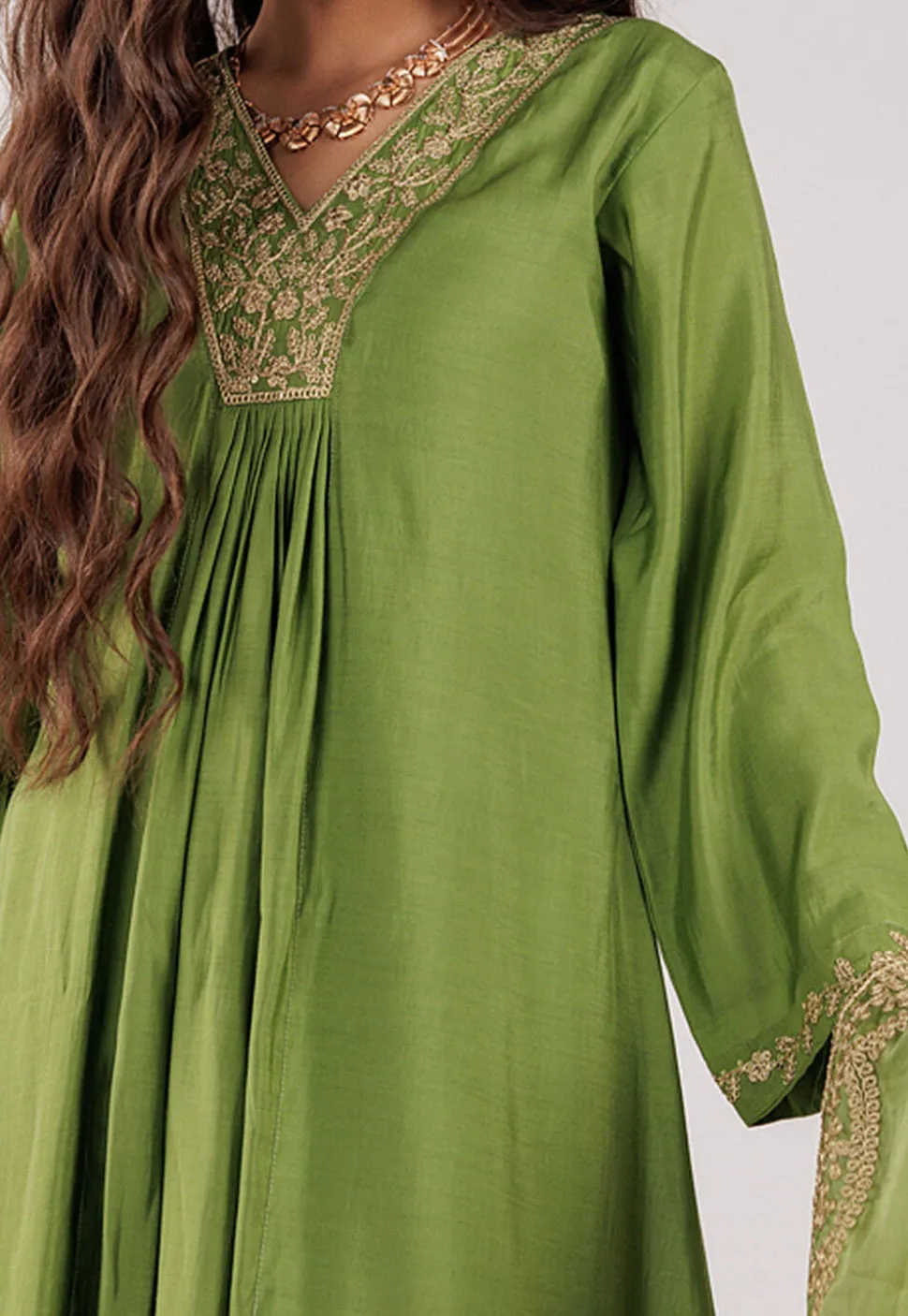 Embroidered Art Silk Aline Suit in Green