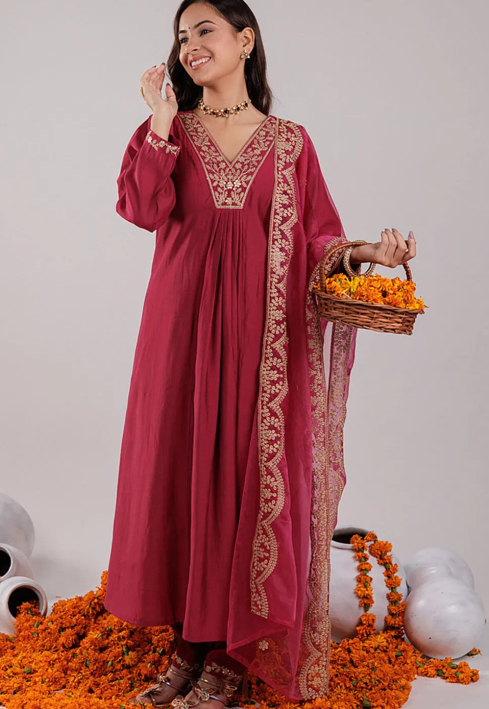 Embroidered Art Silk Aline Suit in Fuchsia