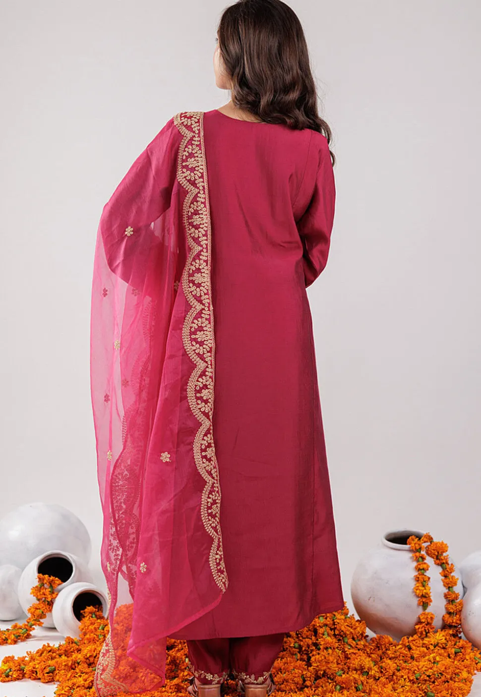 Embroidered Art Silk Aline Suit in Fuchsia