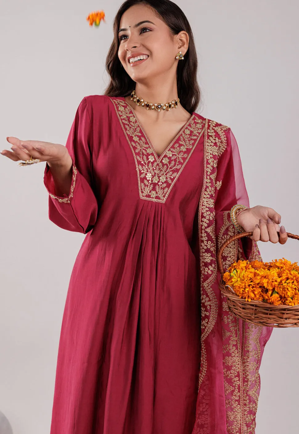 Embroidered Art Silk Aline Suit in Fuchsia