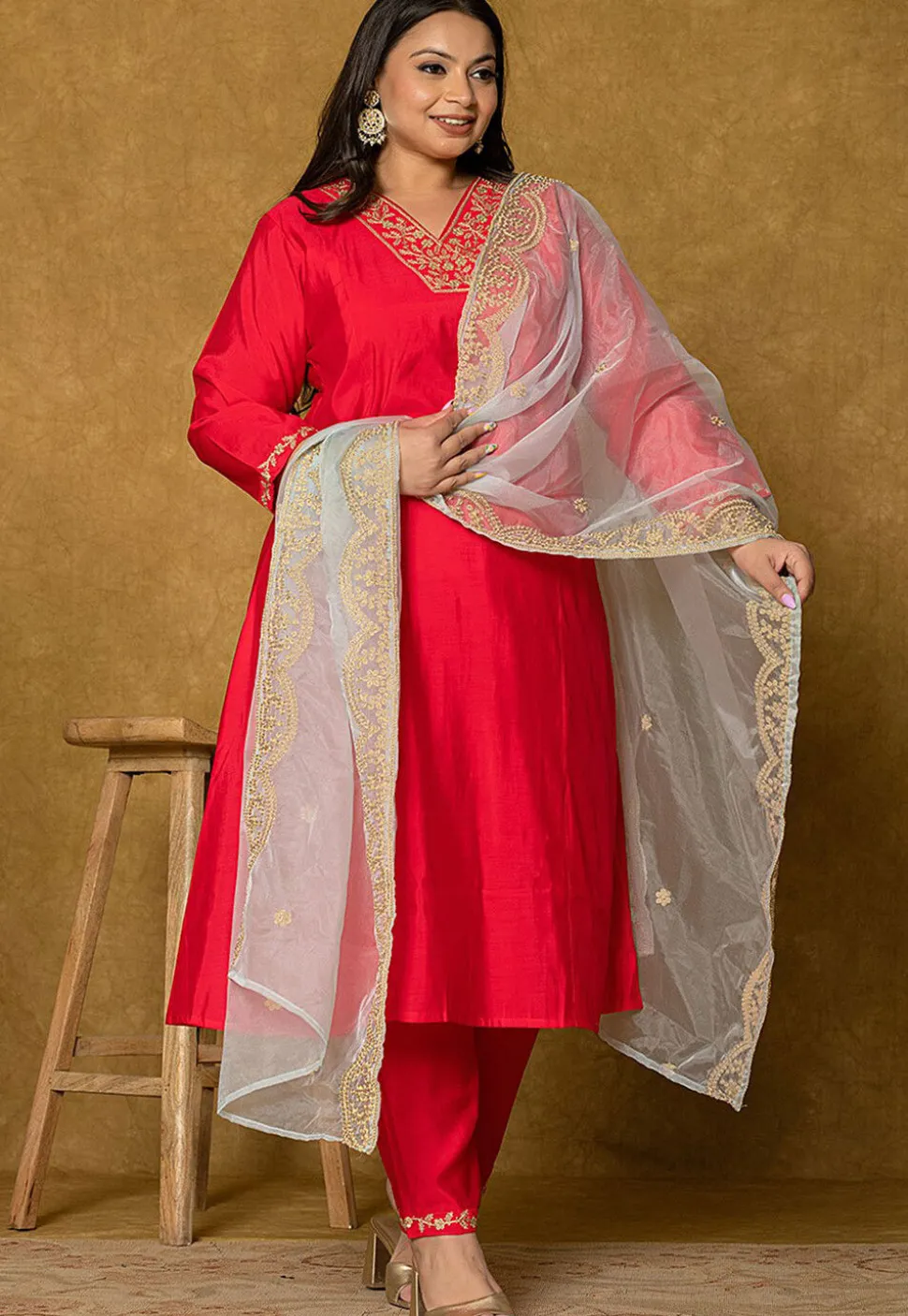 Embroidered Art Silk Aline Suit in Fuchsia