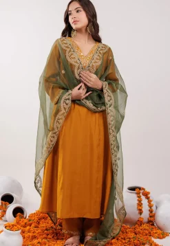 Embroidered Art Silk Aline Suit in Mustard