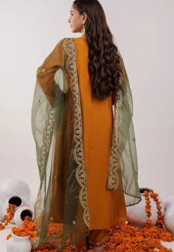 Embroidered Art Silk Aline Suit in Mustard
