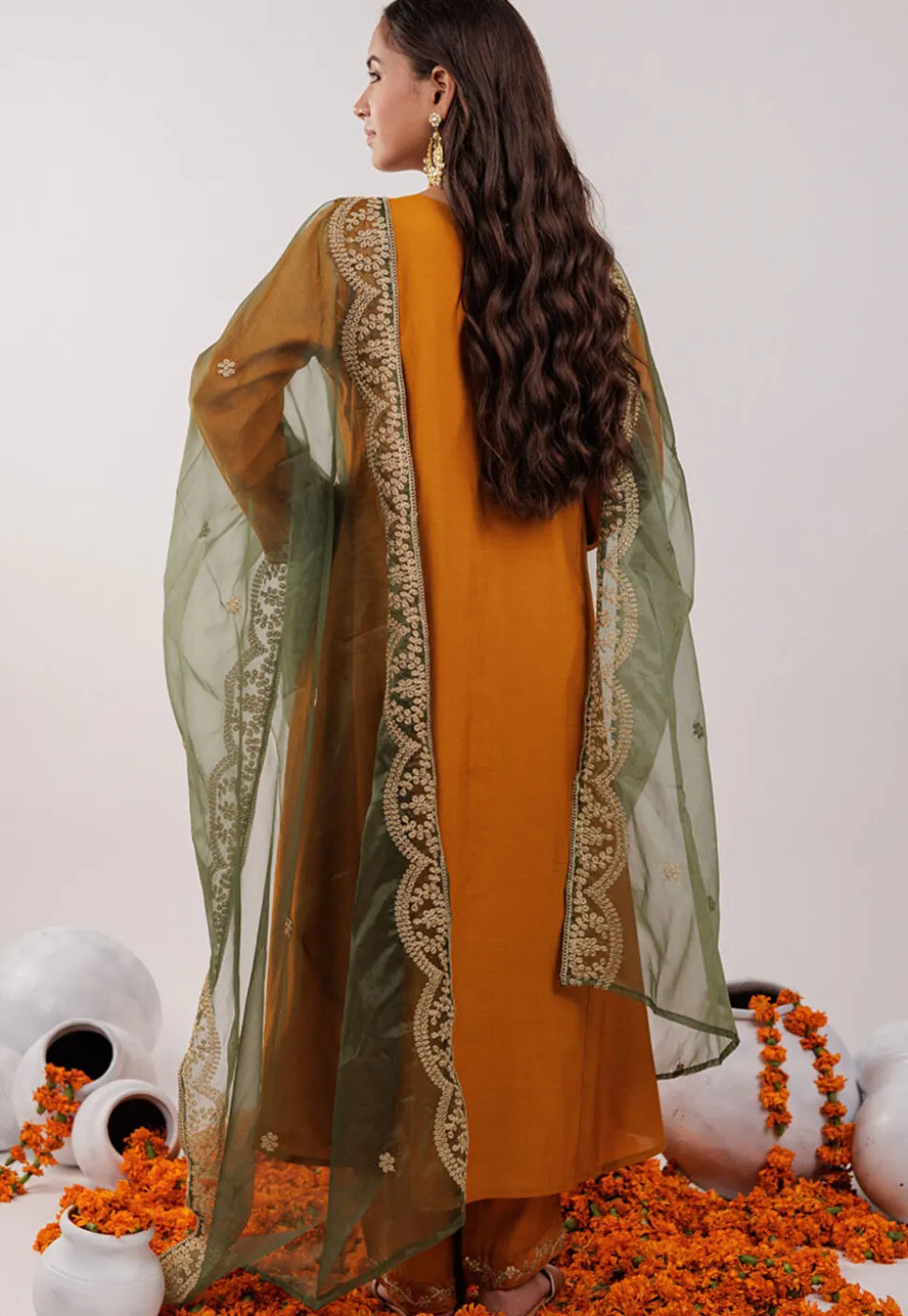 Embroidered Art Silk Aline Suit in Mustard