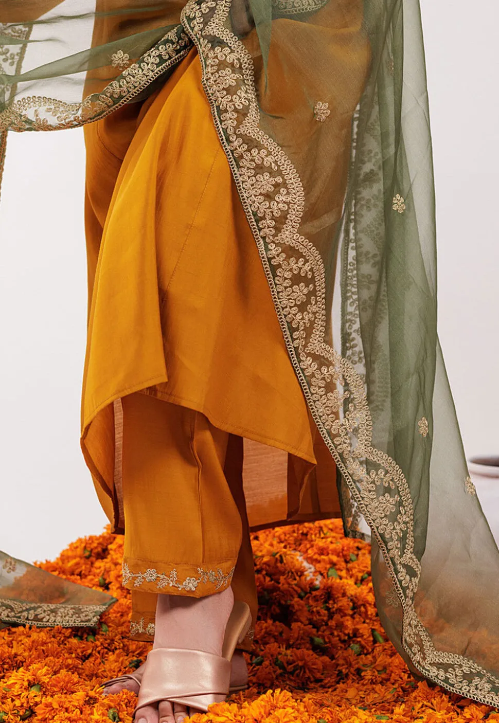 Embroidered Art Silk Aline Suit in Mustard