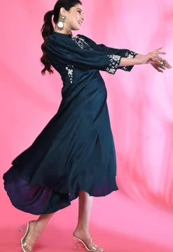 Embroidered Art Silk Aline Dress in Navy Blue